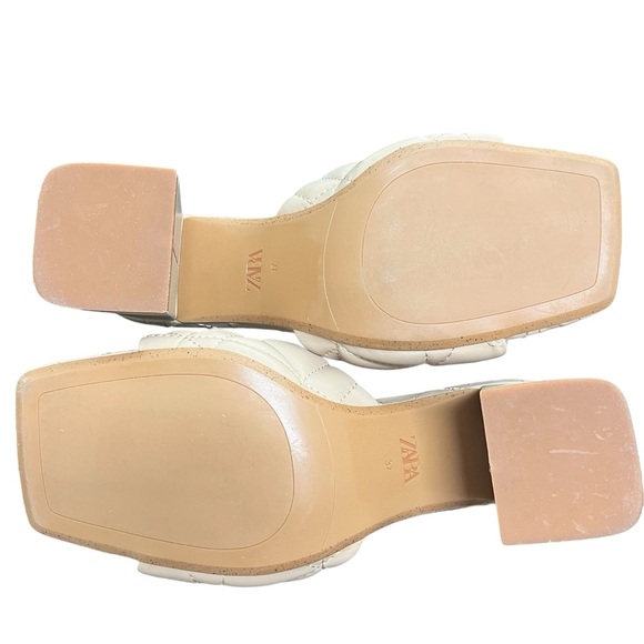 Zara Tan/Beige Faux Quilted Leather Square Open Toe Block Heels Size 37/US Sz 7 - Picture 7 of 9